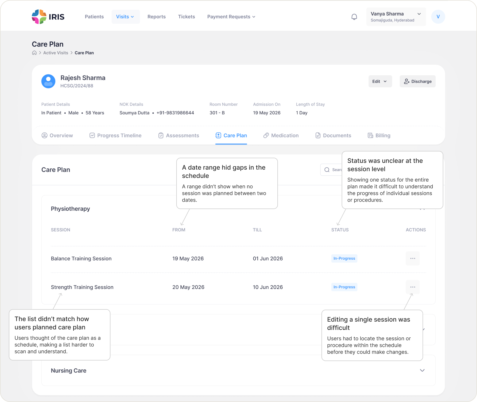 Care Plan V1 — annotated screenshot of the first design