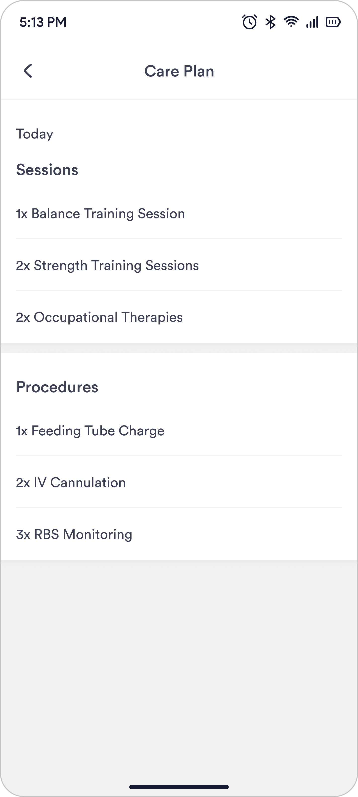 The first Care Plan screen: one flat list