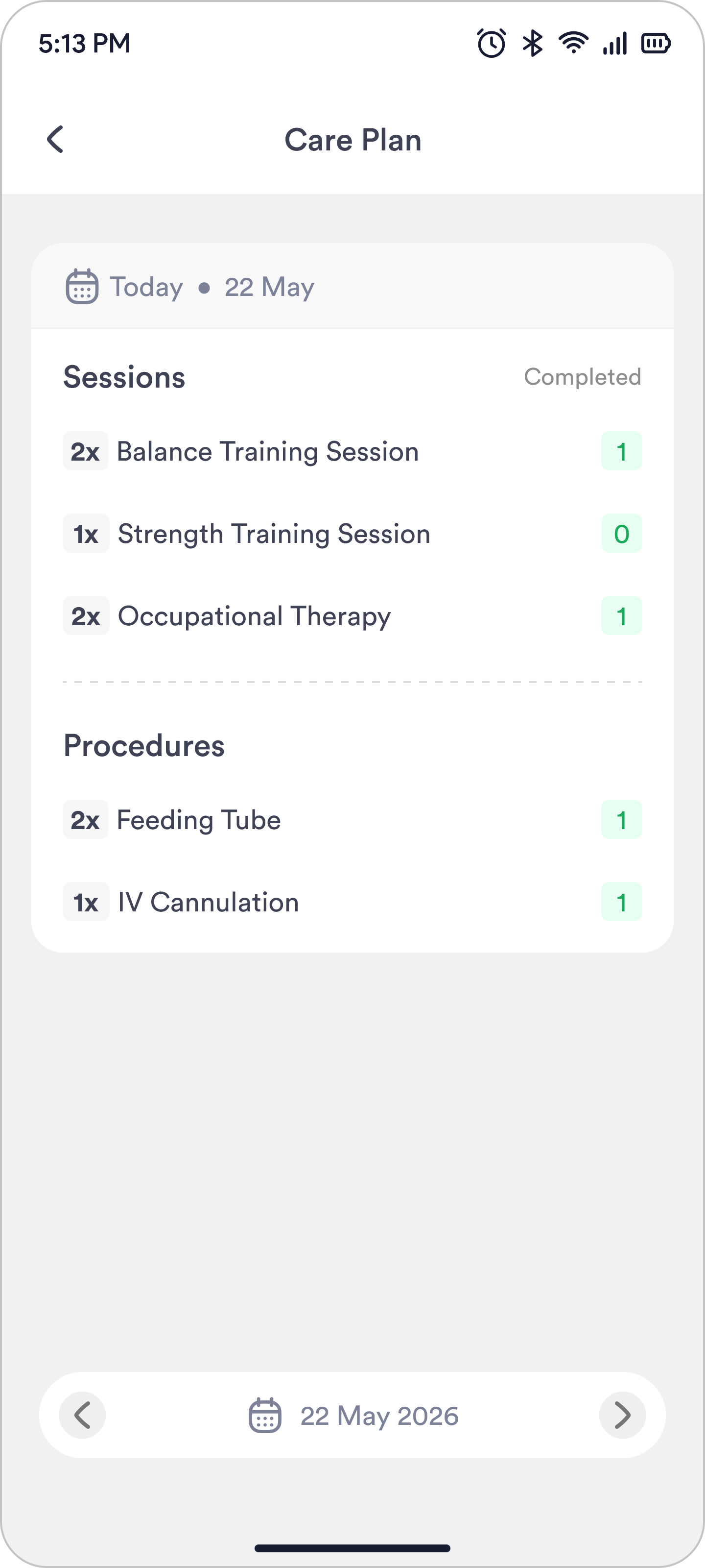 The second Care Plan screen, with dates and completion counts