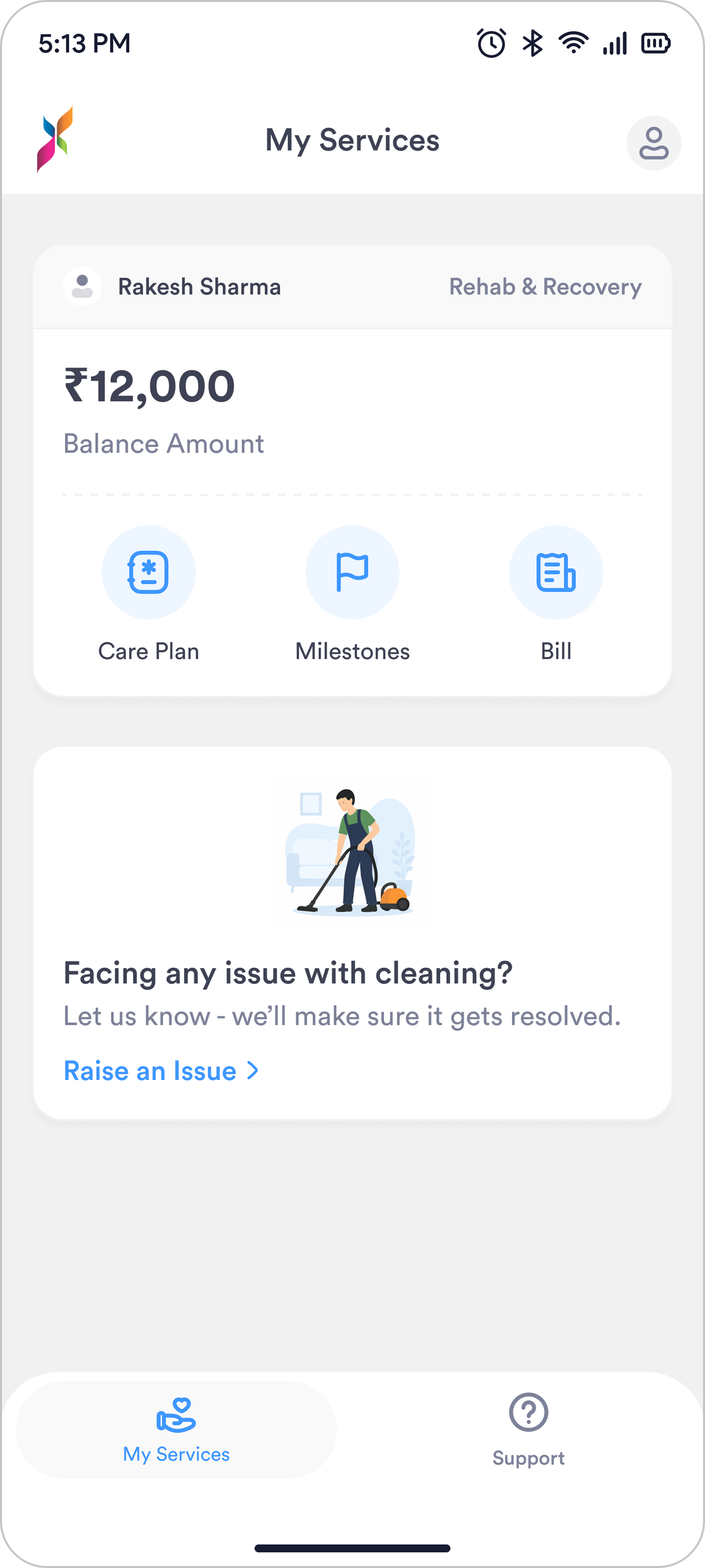 The app home screen, where Care Plan is one of the three entry points