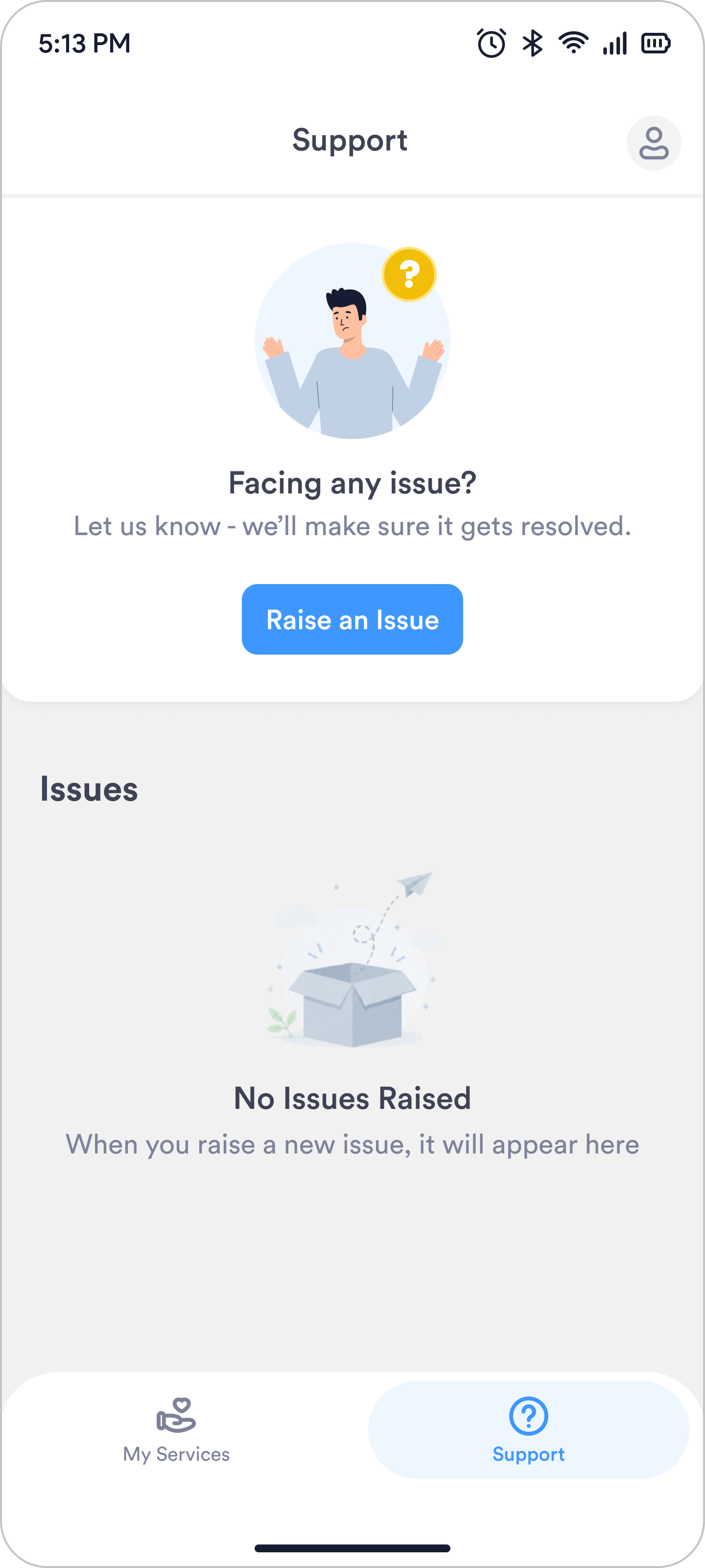 The final Support screen, with one action to raise an issue