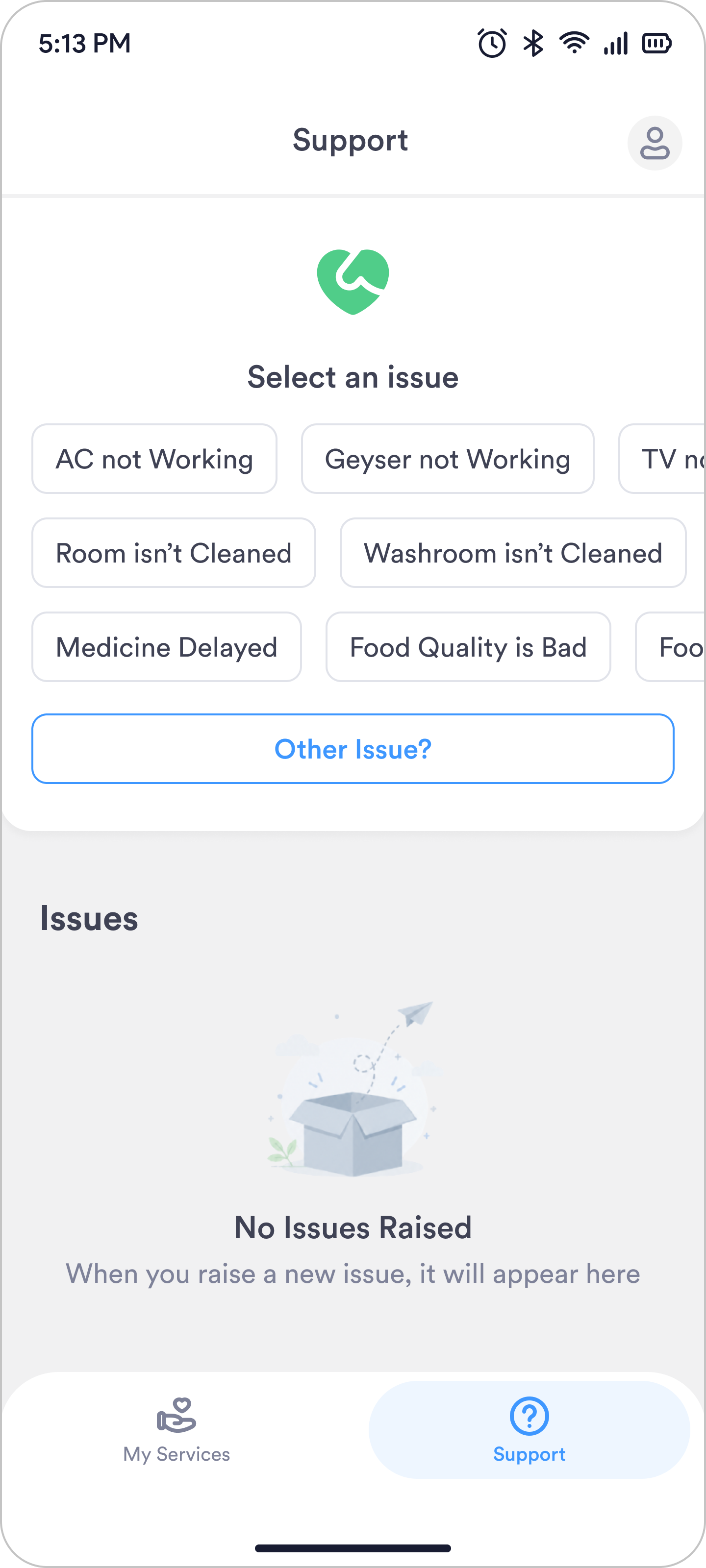 The second Support screen, with the issue picker on the landing screen