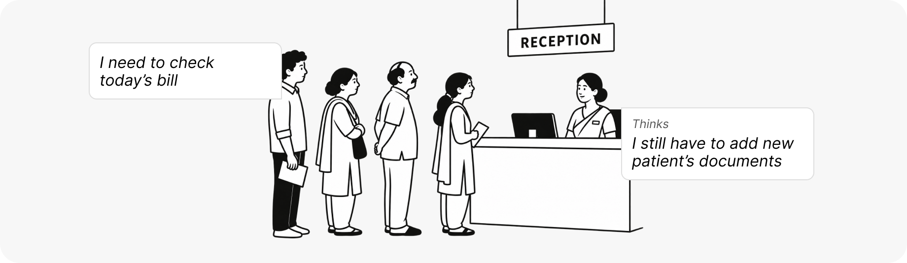 Families queueing at the reception desk to check a bill