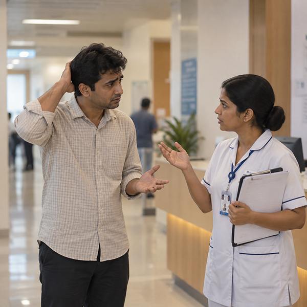A family member reporting an issue to a staff member