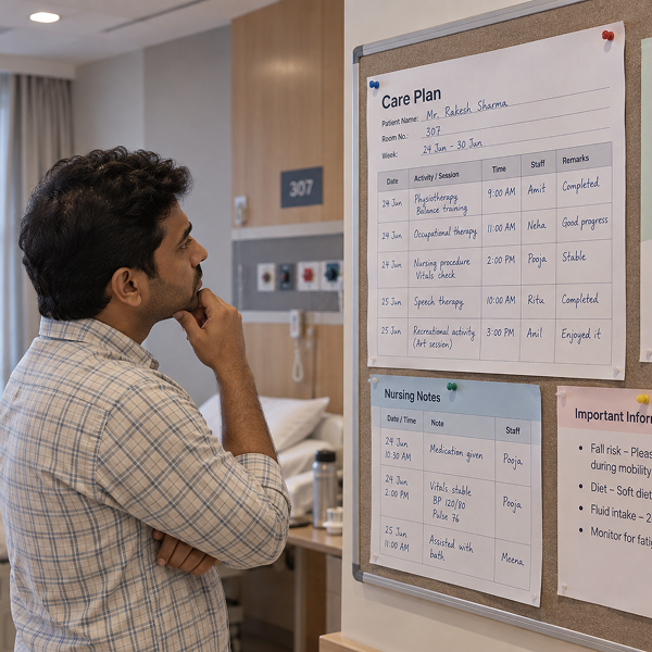 A family member looking at the recovery board in the patient&rsquo;s room